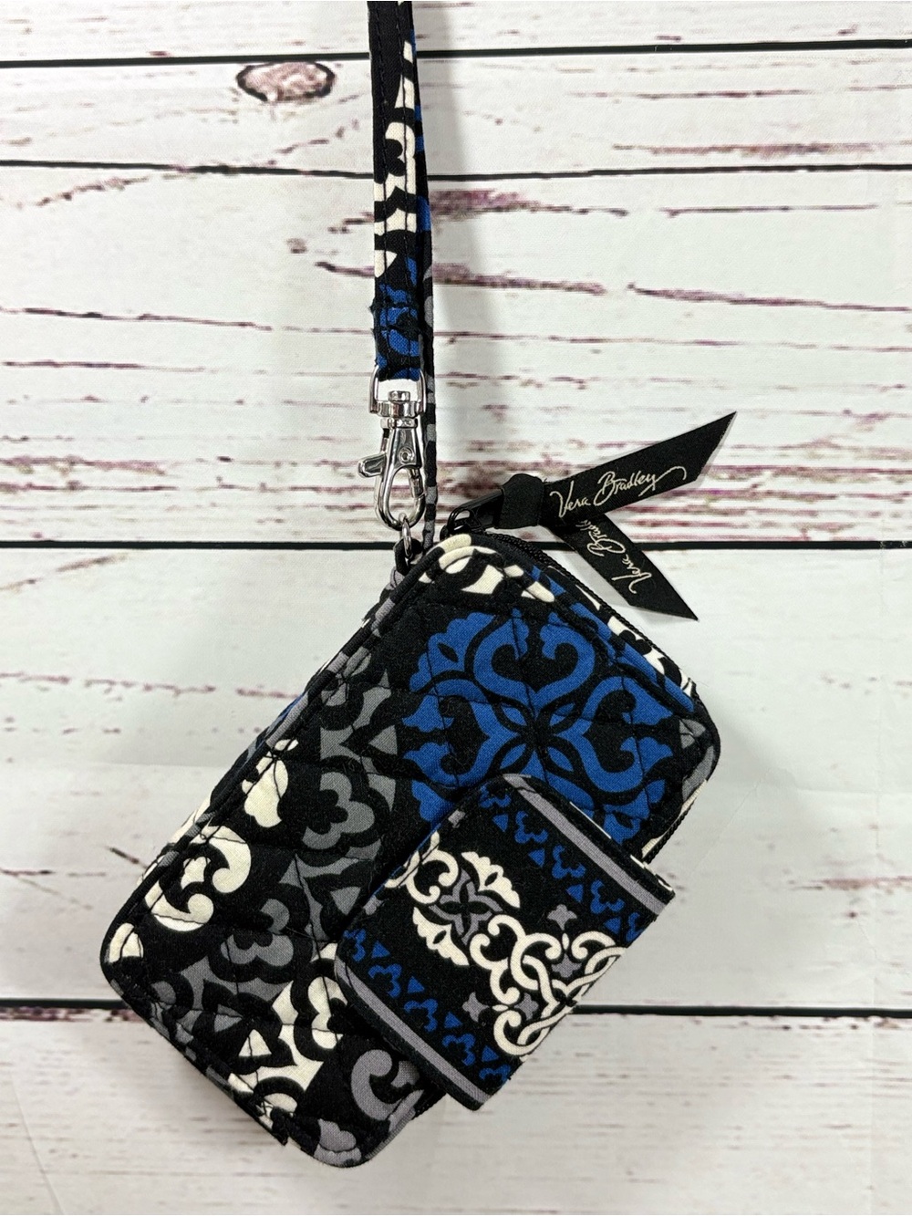 Retired Vera Bradley Canterberry Black and Blue Wrist Wallet and ID Holder